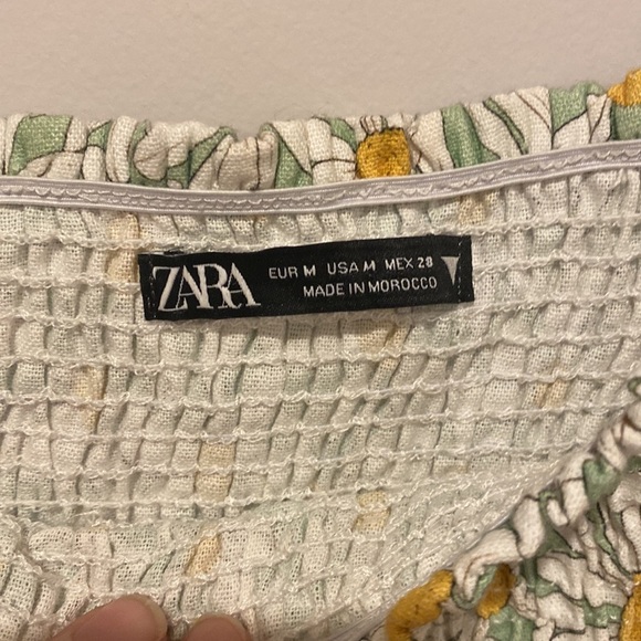 Zara Sunflower White Green Puff Sleeve Rouched Mini  Summer Dress - Picture 4 of 6